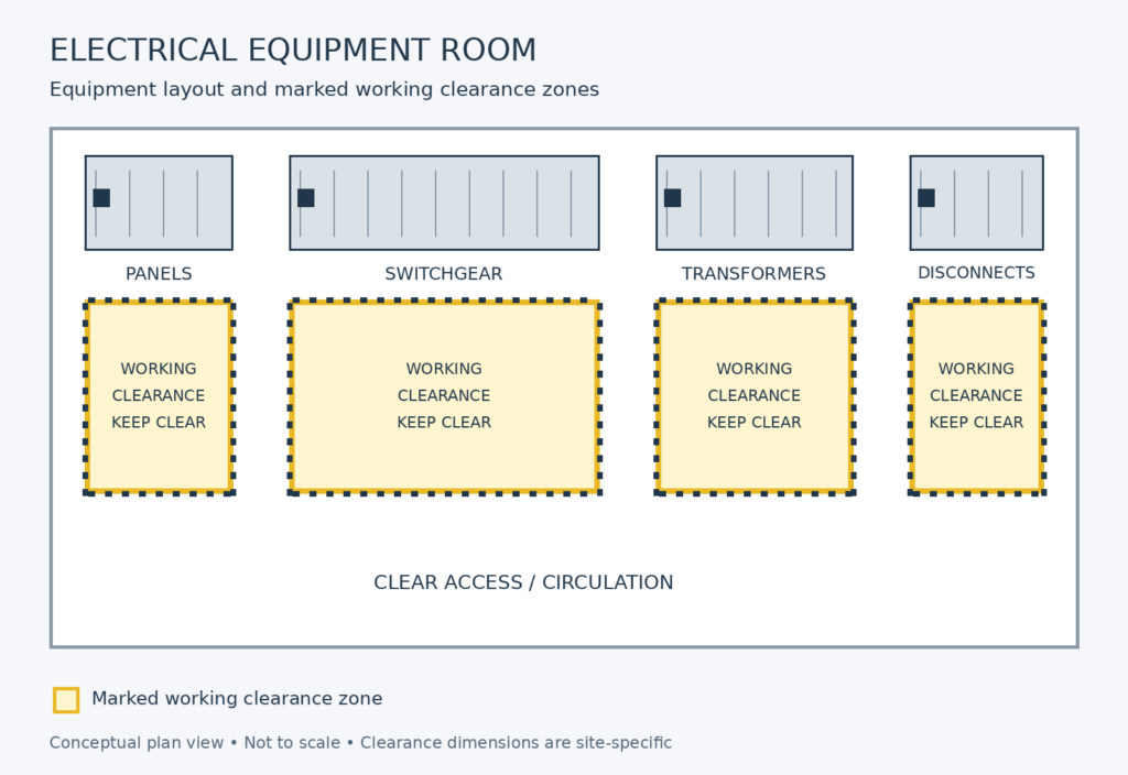 Electrical room diagram showing panels, switchgear, transformers, disconnects, and marked working clearance zones.