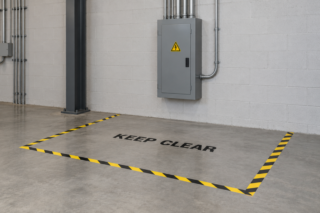Electrical panel with an empty clearance zone outlined in yellow-and-black floor tape and labeled “Keep Clear.”