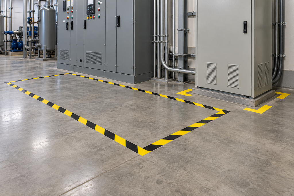 Yellow-and-black floor tape outlines clear access space beside industrial panels, with yellow corner markers around a utility cabinet.