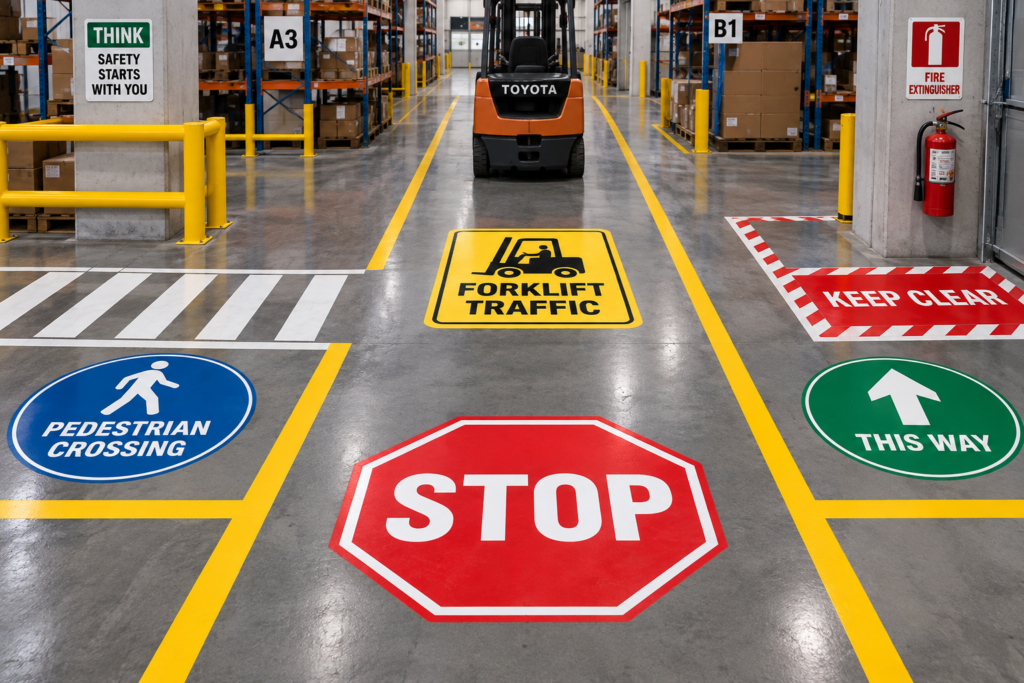 Different floor signs communicate different actions at the point where workers need them.
