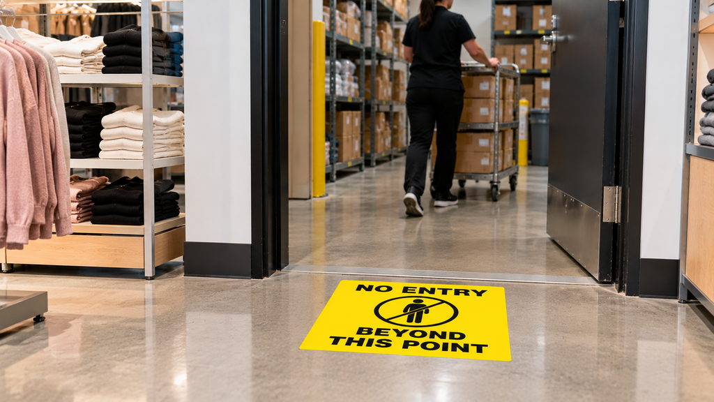 Yellow No Entry Beyond This Point floor safety decal installed at a retail stockroom entrance to identify a restricted access area.